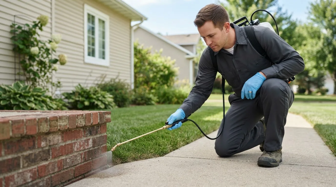 Pest control technician treating a home near Riverhead, NY